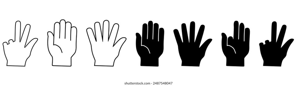 Palm hand icon set. Wave hands icon. Hand gesture sign. Hands icon symbol of greeting, goodbye, hello. Vector graphic design in outline round style for user interface and buttons.