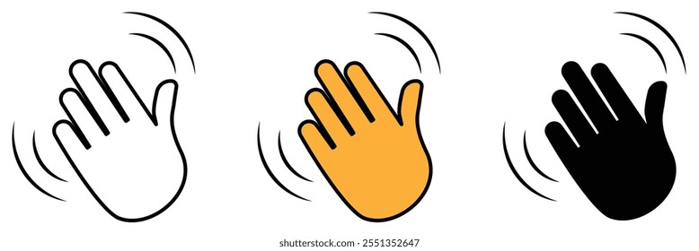 Palm hand icon set. Wave hands icon. Hand gesture sign. Hands icon symbol of greeting, goodbye, hello. Set of hand hello icons with stroke and fill color . vector illustration eps 10.