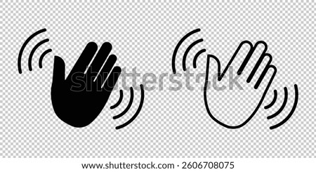 Palm hand icon set. Wave hands icon. Hand gesture sign. Hands icon symbol of greeting, goodbye, hello. Set of hand hello icons with stroke and fill color. Silhouette model palm people. Drawn in black.