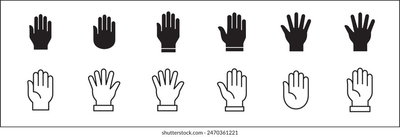 Palm hand icons. Hand icon. Hands symbol collection. Hands icon symbol of participate, volunteer, stop, vote. Vector stock graphic, flat style design illustration resource for UI and buttons.