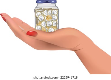 palm hand lifts glass jar full of euro coins-