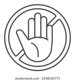 Palm of hand please stop thin line icon, beware warning danger concept. Vector graphics. Hand stop gesture sign on white background, outline style icon for mobile or web design