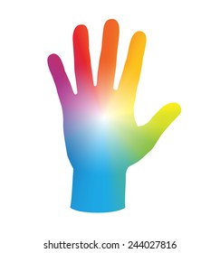 Palm of the hand - rainbow gradient colored. Isolated vector illustration on white background.