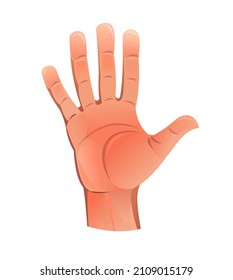 Palm of hand raised up with five finger. Object isolated on white background. Funny cartoon style. Vector.