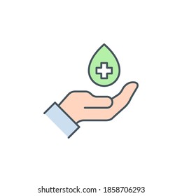 palm with hand sanitizer and drop of antiseptic gel single line icon isolated on white. outline icon symbol Coronavirus Covid 19 banner disinfect hands element with editable Stroke line thickness