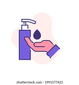 palm with hand sanitizer and drop of antiseptic gel single flat line icon isolated on white. outline icon symbol Coronavirus Covid 19 banner disinfect hands flat element