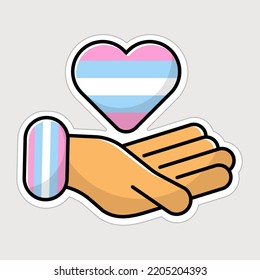 Palm Hand With Transgender Heart. Isolated Vector Icon. LGBT Sticker For Gay Pride, Safe Space. Pink Blue White Trans Flag Symbol. Simple Flat Illustration. Cute Line Art