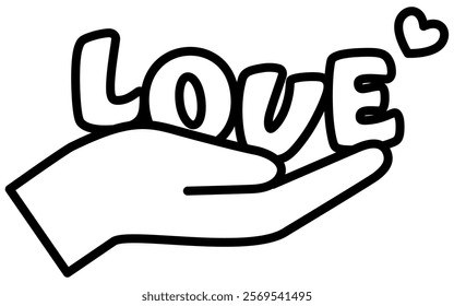 Palm of the hand and the word LOVE, Simple and cute black and white Valentine's Day icon, Vector Illustration