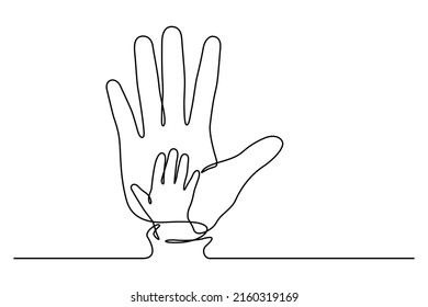 Palm of hands of baby and adult line art vector illustration. One line drawing and continuous style