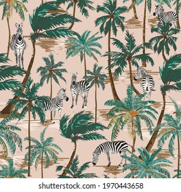 Palm Hawaii Safari Jungle Seamless Pattern, Zebra With Palm Tree illustration Vector 