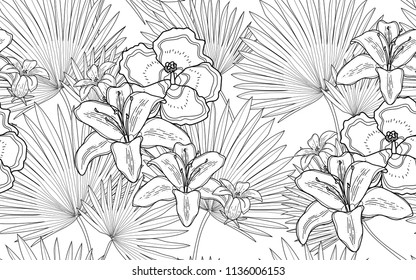 Palm and hawaiian flowers. Big leaves and exotic flowers composition. Vector illustration. Botanical seamless wallpaper. Digital nature art. Cartoon style sketch. White background.