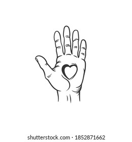 The palm with a heart. Can be used as a sketch of a tattoo.