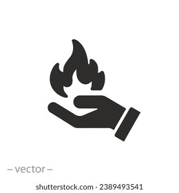 palm holding a fire flame icon, hand burn, flat symbol - editable stroke vector illustration