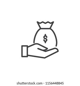 Palm holding money bag outline icon. linear style sign for mobile concept and web design. Money in hand simple line vector icon. Symbol, logo illustration. Pixel perfect vector graphics