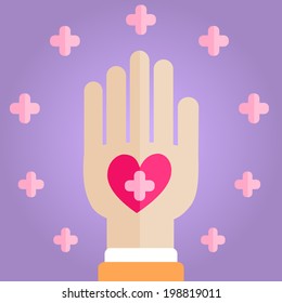 Palm Holding Pink Heart. Health Insurance Concept. Flat Design