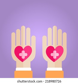 Palm Holding Pink Heart. Health Insurance. Medicine Concept. Flat Design