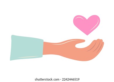 The palm holds the heart. Valentines Day Card. Vector illustration