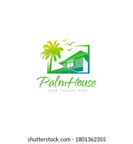 Palm and House Logo - Home and Tree Icon - Real Estate Vector Illustration