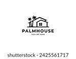 palm house logo vector icon illustration, house with palm tree logo vector, tropical beach house or hotel icon design illustration in flat vector design style