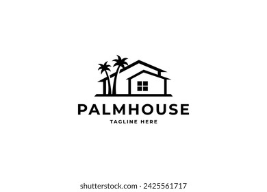 palm house logo vector icon illustration, house with palm tree logo vector, tropical beach house or hotel icon design illustration in flat vector design style