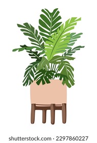 Palm houseplant in planter. Modern fresh house plant growing in pot. Green indoor plant for cozy home interior. Urban jungle. Colored flat vector illustration isolated on white background