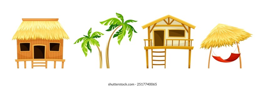 Palm, Hut and Straw Umbrella with Hammock as Tropical Landscape Element Vector Set