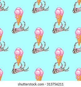Palm with ice cream.Seamless pattern background.Blue background.