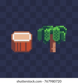 Palm icon. Coconut sticker. Pixel art style. 8-bit. Isolated abstract vector illustration.