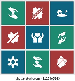 Palm icon. collection of 9 palm filled icons such as no wash, gloves, hands holding heart, home on island, hand with seeds. editable palm icons for web and mobile.