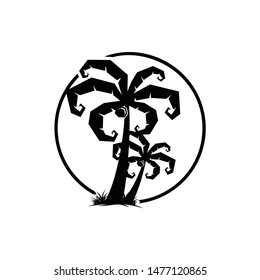Palm icon logo silhouette vector with grass on circle shape.
