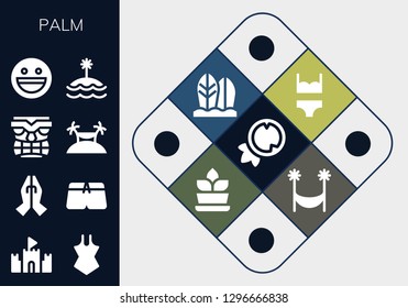  palm icon set. 13 filled palm icons. Simple modern icons about  - Coconut, Sand castle, Swimsuit, Prayer, Tiki, Island, Yahoo, Bikini, Surfboard, Fern, Hammock
