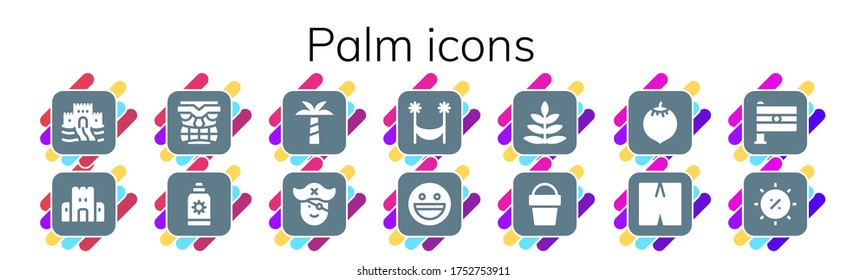 palm icon set. 14 filled palm icons. Included Sand castle, Tiki, Sun cream, Palm tree, Pirate, Hammock, Yahoo, Fern, Sand bucket, Coconut, Swimsuit, India, Summer icons