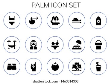palm icon set. 15 filled palm icons.  Simple modern icons about  - Bikini, Hammock, Swipe right, Bedouin, Pirate, Island, Sun cream, Sand bucket, Swimsuit, Promise, Coconut, Sand castle