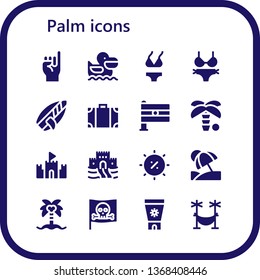 Palm Icon Set. 16 Filled Palm Icons.  Collection Of - Promise, Pelican, Bikini, Surfboard, Travel Bag, India, Palm Tree, Sand Castle, Summer, Vacation, Coconut Tree, Pirate, Sun Cream