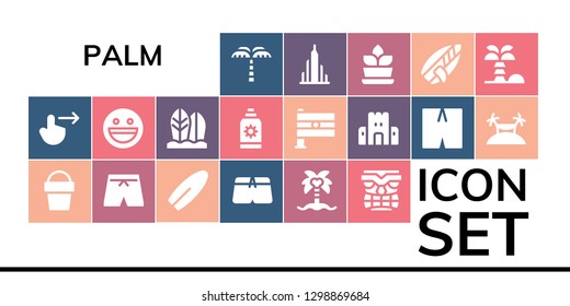  palm icon set. 19 filled palm icons. Simple modern icons about  - Palm tree, Swipe right, Sand bucket, Swimsuit, Surfboard, Coconut tree, Tiki, Yahoo, Sun cream, India, Sand castle