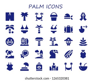  palm icon set. 30 filled palm icons. Simple modern icons about  - Swimsuit, Palm tree, Hammock, Sand bucket, Pirate, Prayer, Bikini, Travel bag, Swipe right, Yahoo, Surfboard