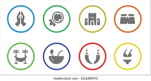 palm icon set. 8 filled palm icons.  Collection Of - Prayer, Hammock, Coconut, Sand castle, Swimsuit, Bikini
