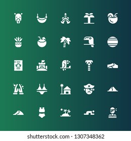 palm icon set. Collection of 25 filled palm icons included Pirate, Prayer, Island, Bikini, Dune, Beach house, Namaste, Dunes, Palm tree, Toucan, Sand castle, Wanted, Thailand