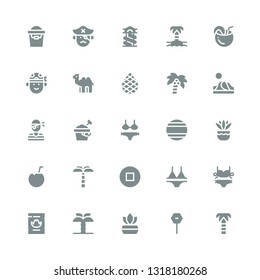 palm icon set. Collection of 25 filled palm icons included Palm tree, Stop, Fern, Wanted, Bikini, Coconut, Thailand, Sand bucket, Pirate, Dune, Coconut tree, Camel, Island