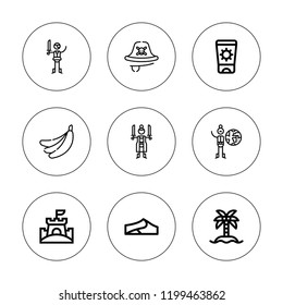 Palm icon set. collection of 9 outline palm icons with banana, coconut tree, dunes, pirates, pirate, sand castle, sun cream icons. editable icons.