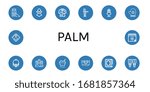 palm icon set. Collection of Slide, Bikini, Hawaiian, Hula, Mai thai, Hand glove, Amulet, Sand castle, Sand bucket, Beach bag, Fortunetelling, Flippers, Stop sign, Summer icons