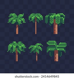 Palm icon set pixel art style. Game assets. 8-bit sprite. Isolated abstract vector illustration.  Element design for stickers, web, embroidery, mobile app.