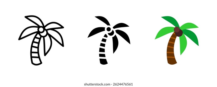 Palm icon. Tropical tree with curved trunk and wide leaves vector illustration. Exotic beach plant and coconut symbol. Vacation, paradise and summer nature sign. Travel and island pictogram.
