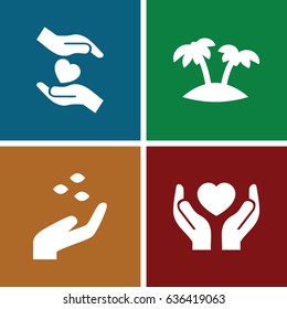 Palm icons set. set of 4 palm filled icons such as hand with seeds, hands holding heart