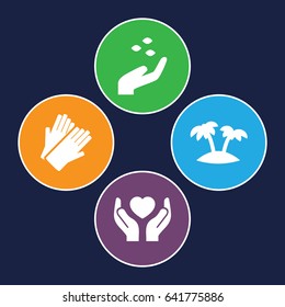 Palm icons set. set of 4 palm filled icons such as hand with seeds, gloves, hands holding heart
