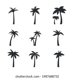 Palm icons set. 9 black palm tree silhouettes isolated on white background. Palms, Coconut icons. Vector illustration