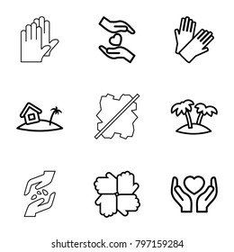Palm icons. set of 9 editable outline palm icons such as gloves, hands, hands holding heart, palm, home on island, hand with seeds