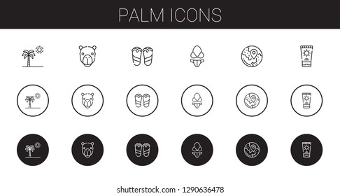 palm icons set. Collection of palm with palm tree, camel, flip flops, bikini, travel, sun cream. Editable and scalable icons.