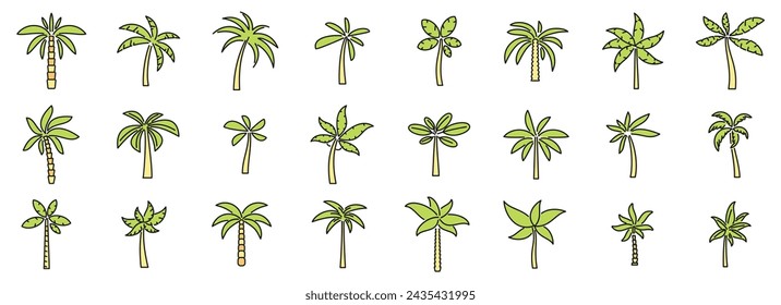 Palm icons set outline vector. Hawaii tree. Island coconut color line isolated