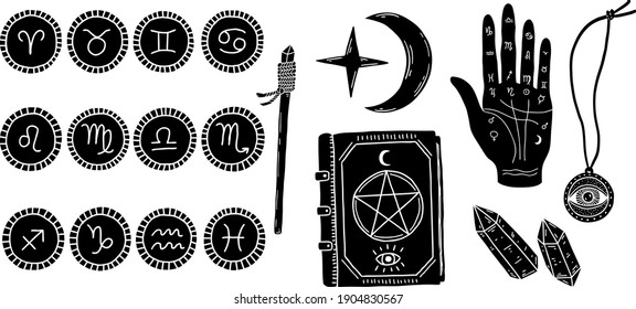 Palm with the image of lines and signs of the zodiac, planets. Magical and mystical symbols. Occult and esoteric subjects. Black and white design, vector illustration.